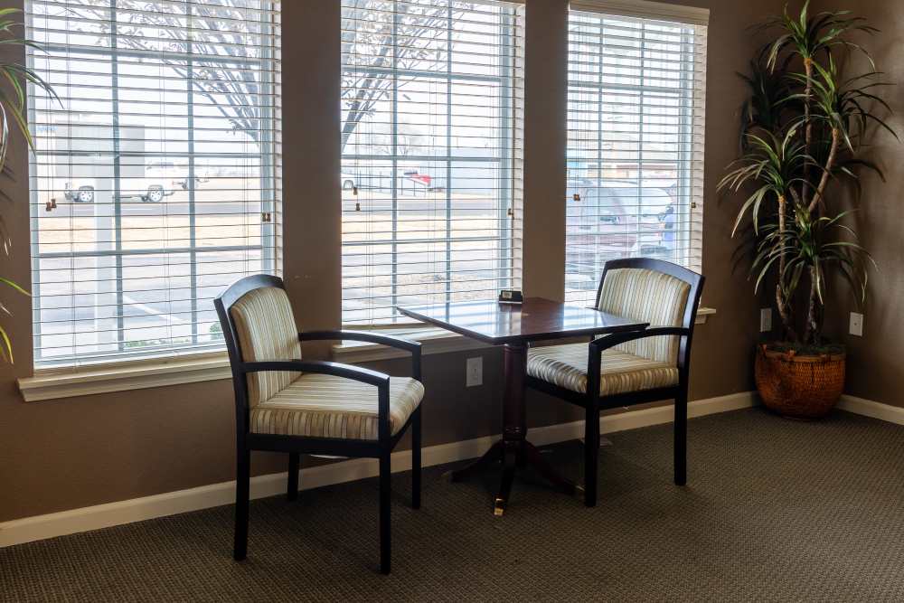 Cozy seating nook featuring stylish chairs and abundant natural light at Adobe Ranch in Borger, Texas.