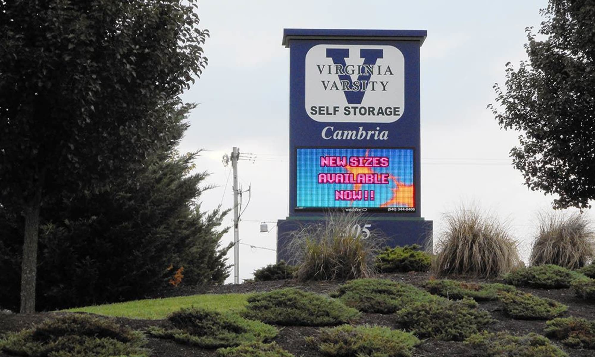 The sign and nice landscaping at Virginia Varsity Storage in Christiansburg, Virginia