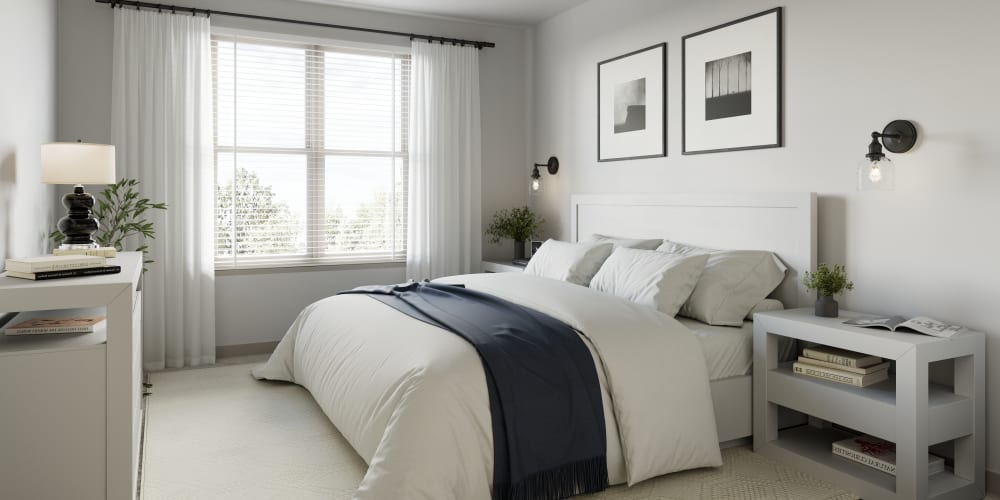 Bedroom with walk-in closet in a model apartment at Veridian in Cincinnati, Ohio. 