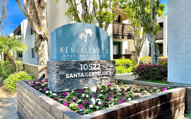 Monument sign at Kendallwood Apartments in Whittier, California