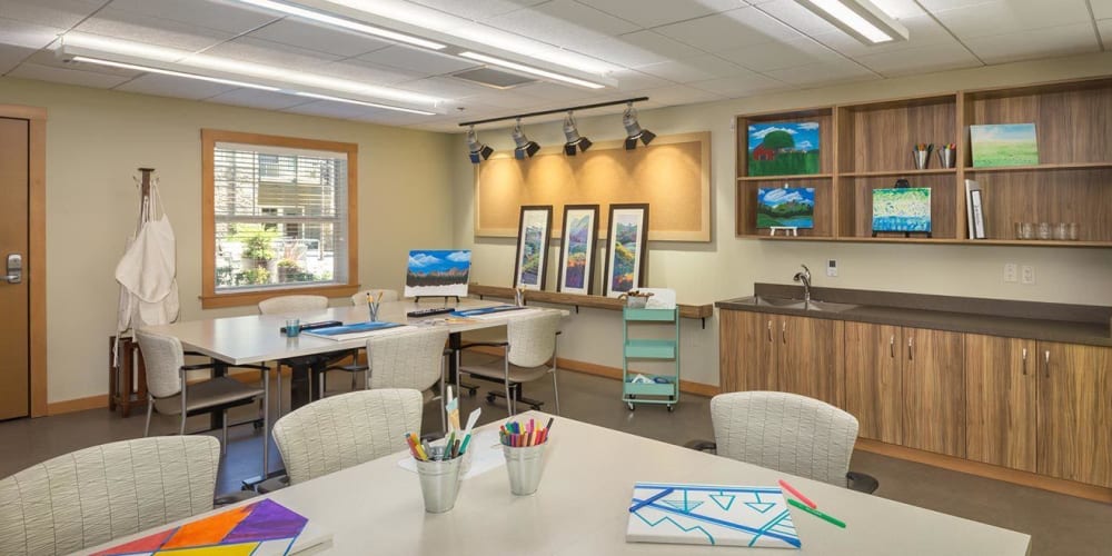 Kitchen area in senior living apartment at The Springs at Greer Gardens in Eugene, Oregon