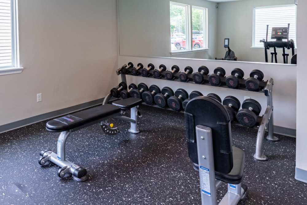 Gym with dumbbells at Woodmere Trace in Norfolk, Virginia