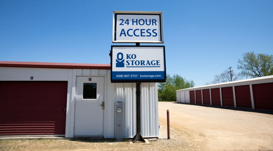 Exterior of outdoor units and signage at KO Storage in Tomah, Wisconsin