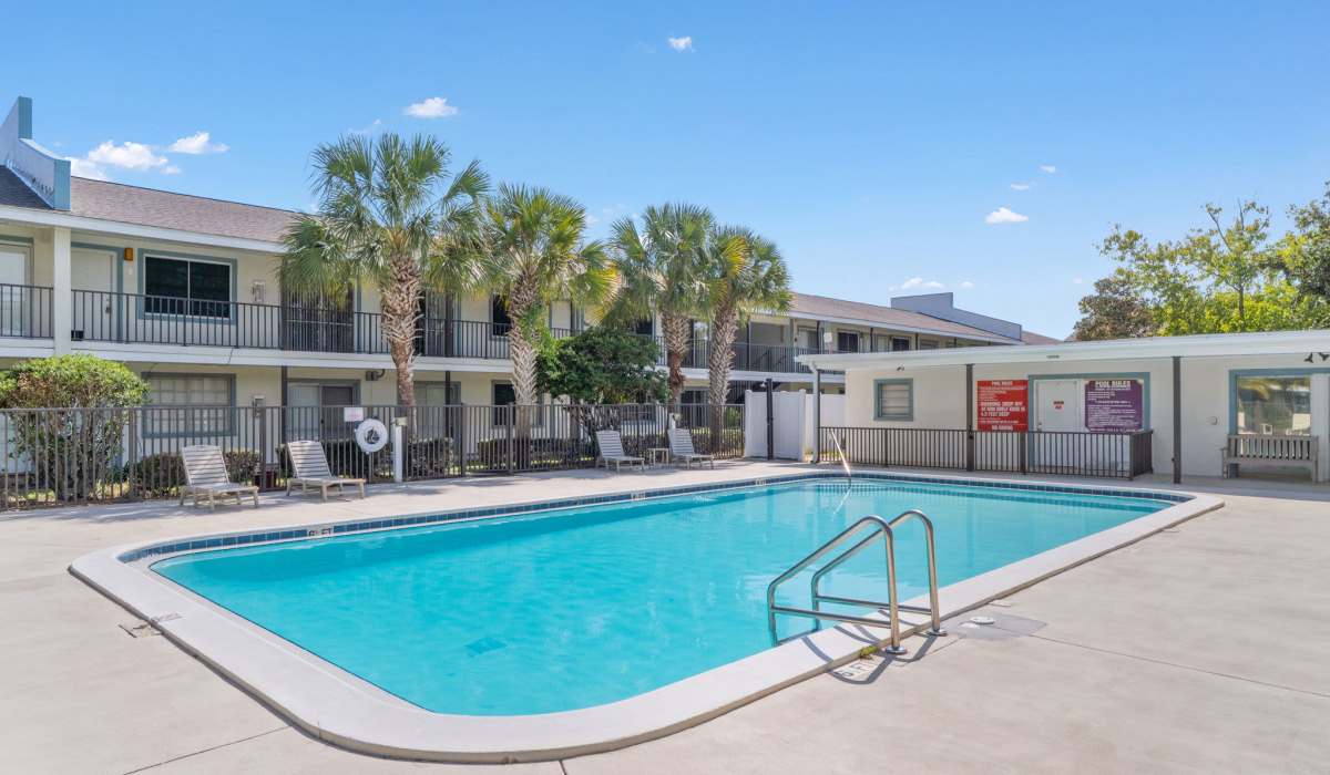 Sparkling pool surrounded by palm trees at Breeze Apartments in Gulf Breeze, Florida