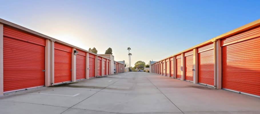 Rows of outside storage units at A-1 Self Storage in Huntington Beach, California