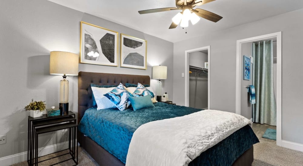 Resident bedroom in a model home's living space at The Haven on Chisholm Trail in Fort Worth, Texas