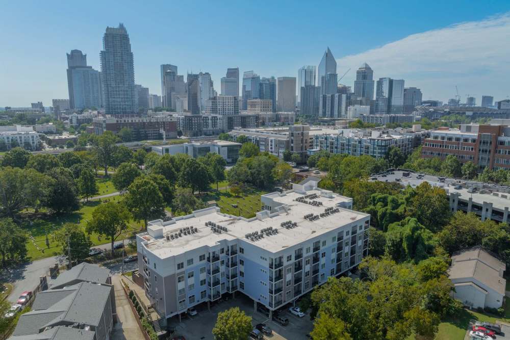 Community with skyline backdrop at Cedar Flats in Charlotte, North Carolina