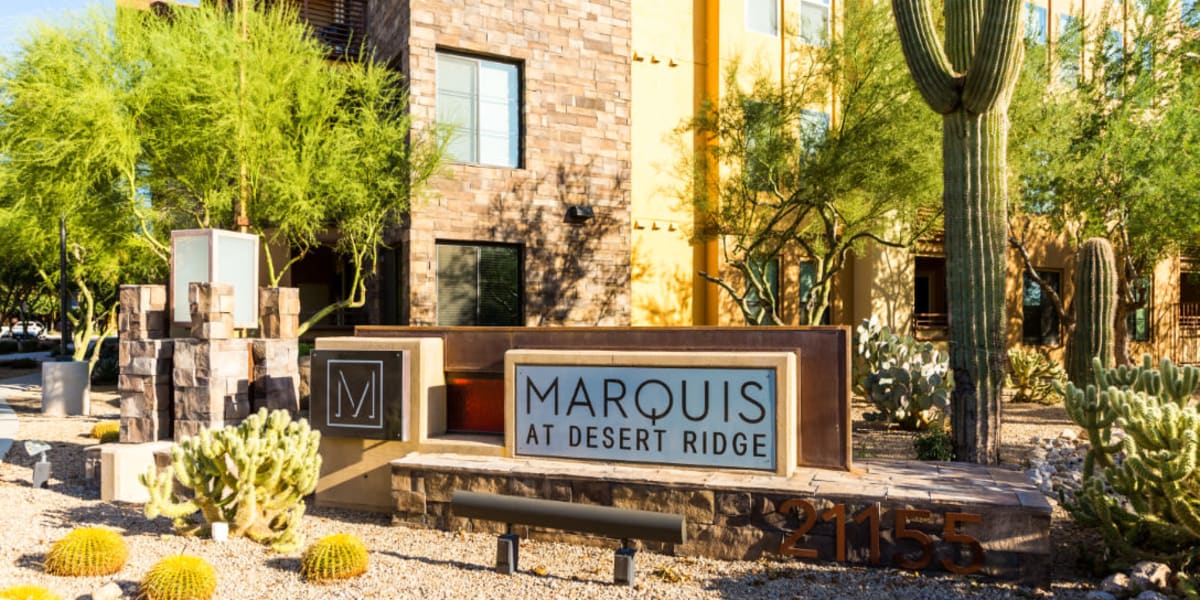 Main entrance sign surrounded by cactus plants and rocky landscape at Marquis at Desert Ridge in Phoenix, Arizona