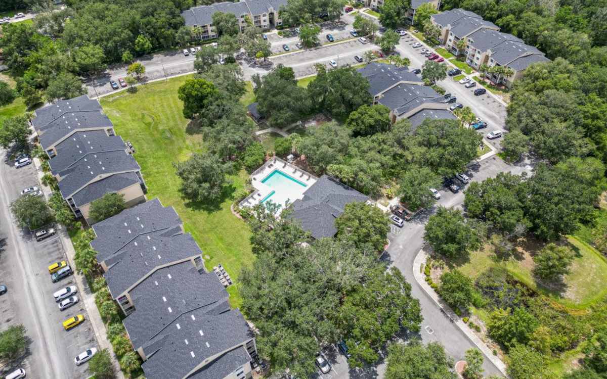 Drone view of community apartment at Cypress Oaks in Leesburg, Florida