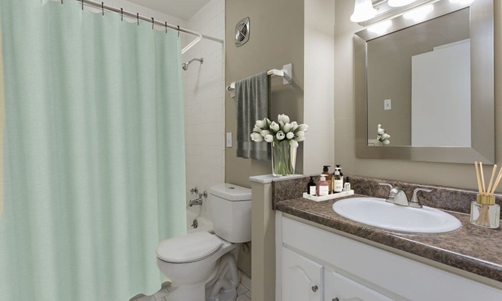 Bathroom with nice countertops at Belmont Place Apartments in Nashville, Tennessee