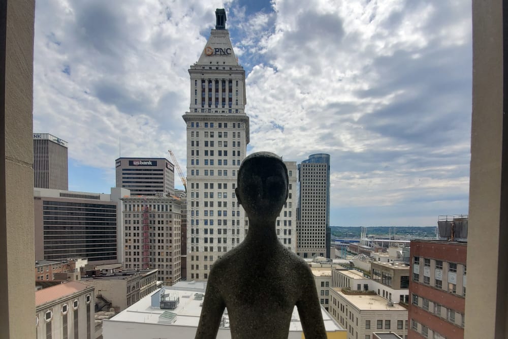 Sculpture in front of window at The Reserve at 4th and Race in Cincinnati, Ohio