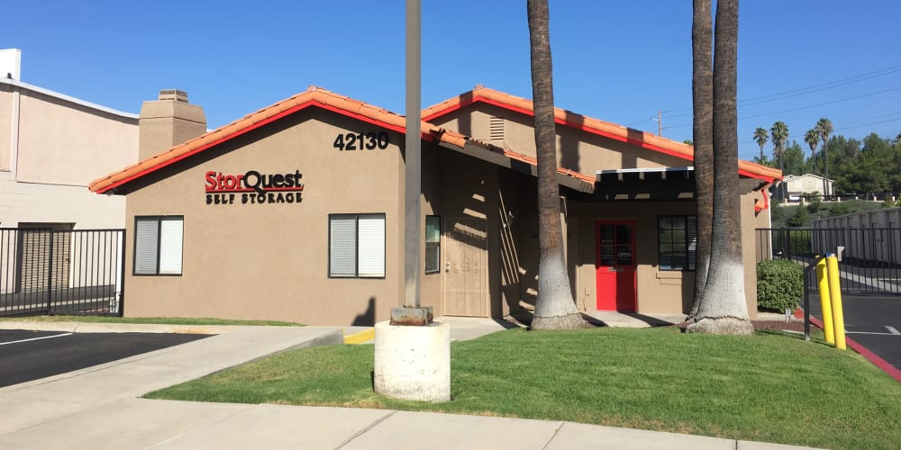 Exterior of the main entrance at StorQuest Self Storage in Temecula, California