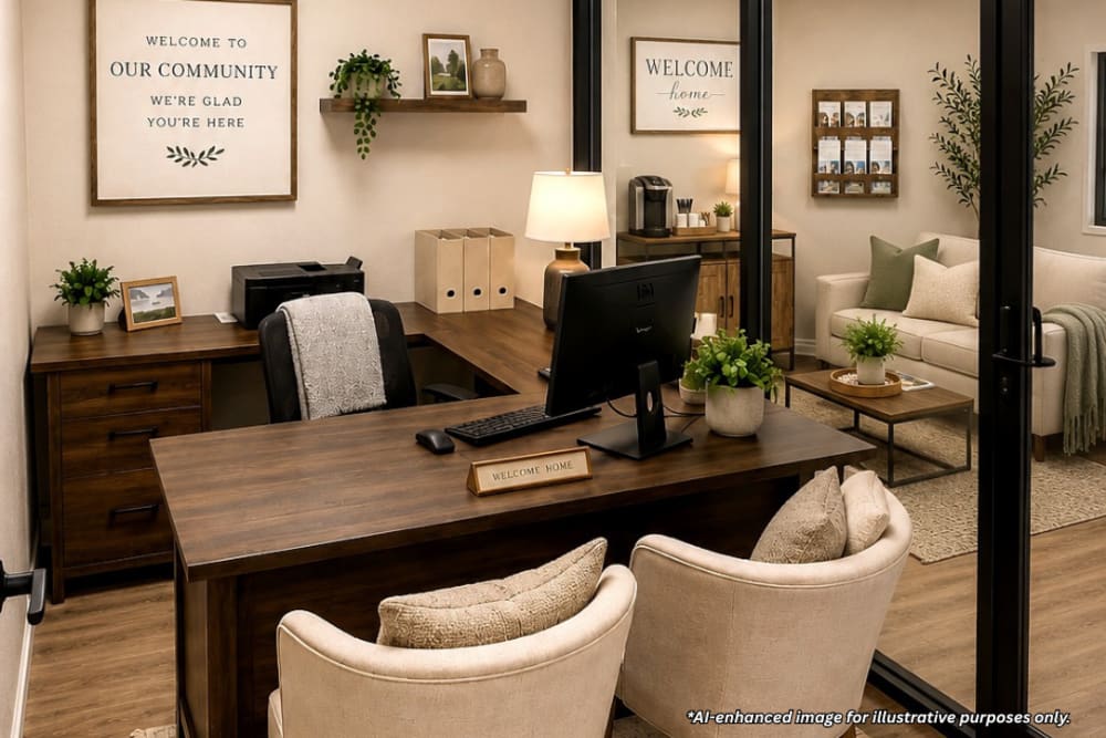 Digitally staged apartment office with wood flooring, desk, chairs, and artwork on the walls at Towne East Village Apartment Homes in Converse, Texas