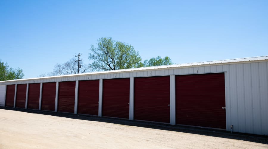 Outdoor storage units with brown doors at KO Storage in Tomah, Wisconsin