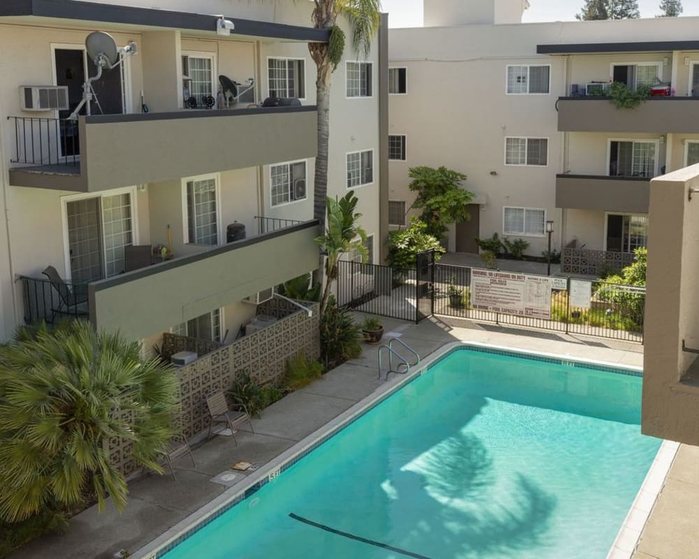 Overhead view of pool area at Courtyard in Hayward, California