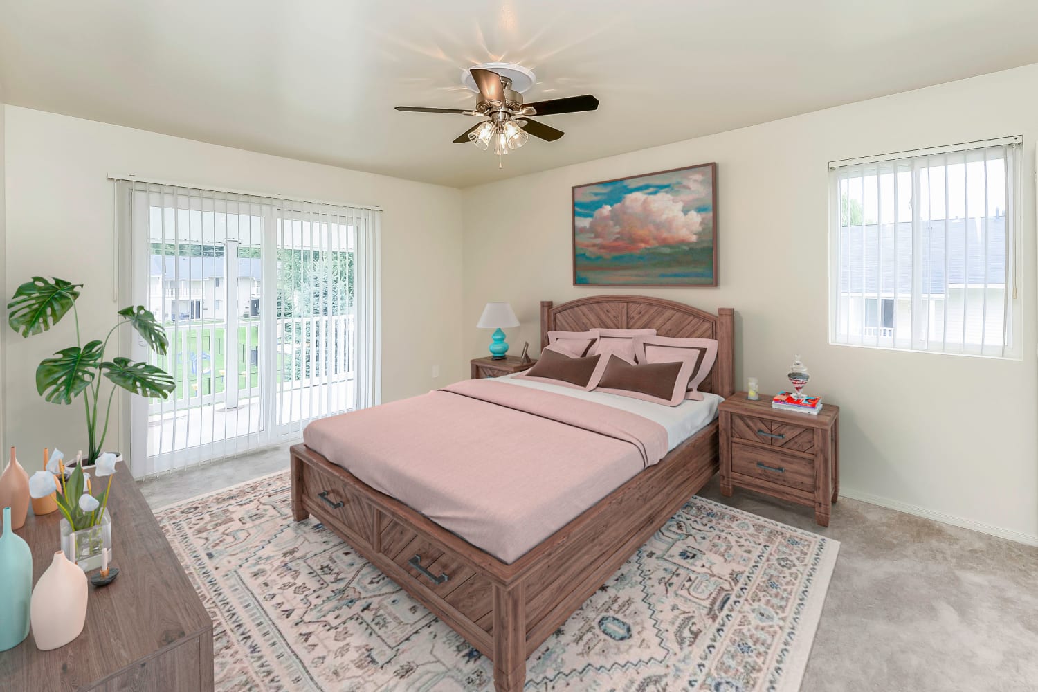 Master bedroom with a ceiling fan at Greentree Village Townhomes in Lebanon, Pennsylvania