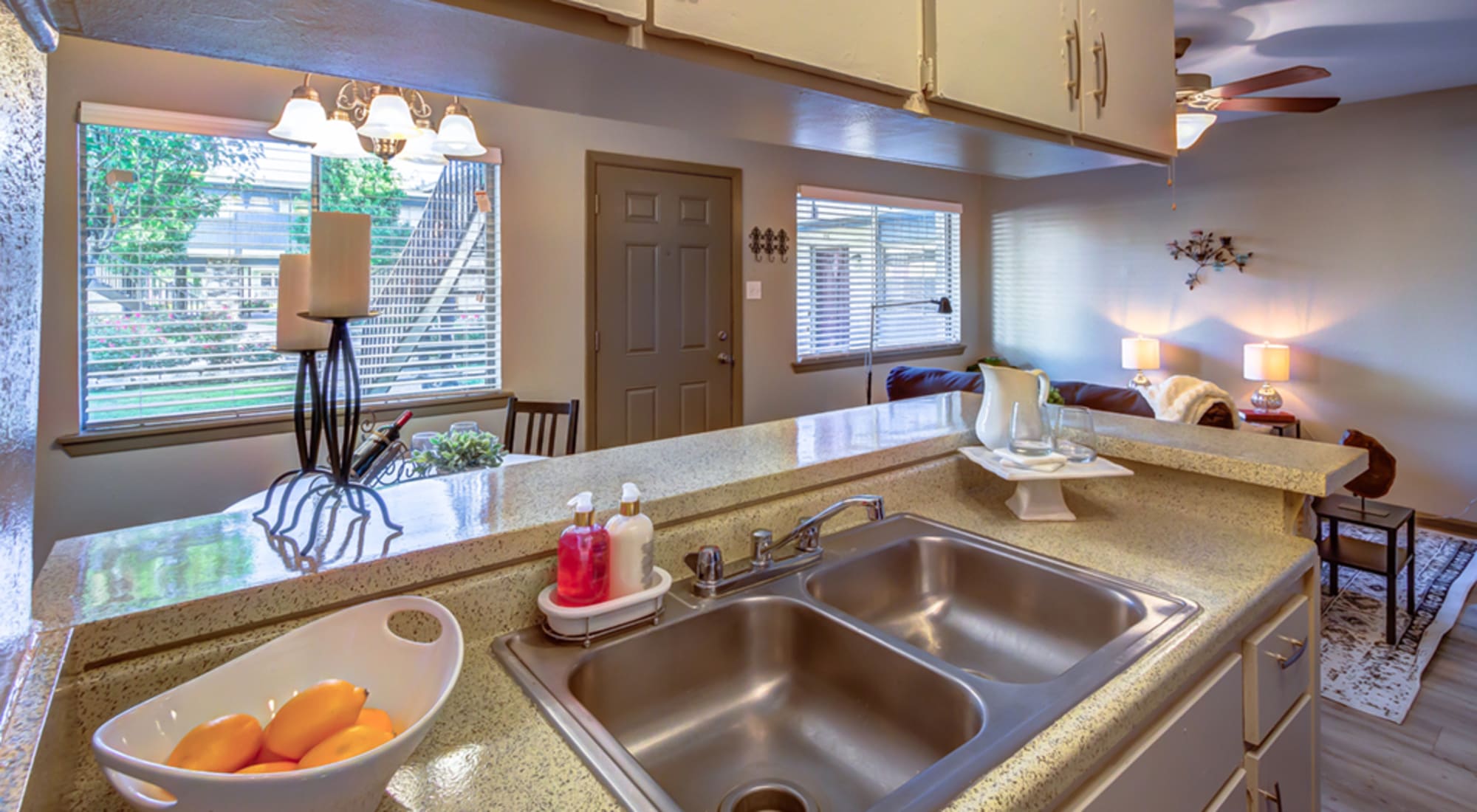 Nicely equipped kitchen with lots of storage at The Station in Houston, Texas