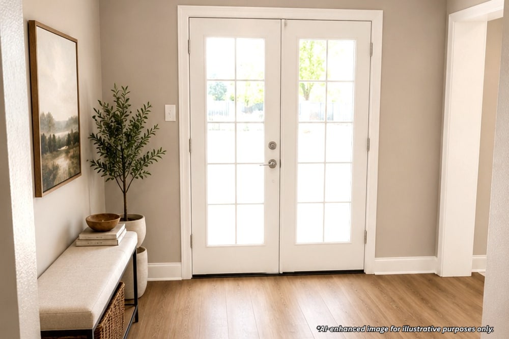 Digitally staged back patio door in front office leading to pool area at Towne East Village Apartment Homes in Converse, Texas