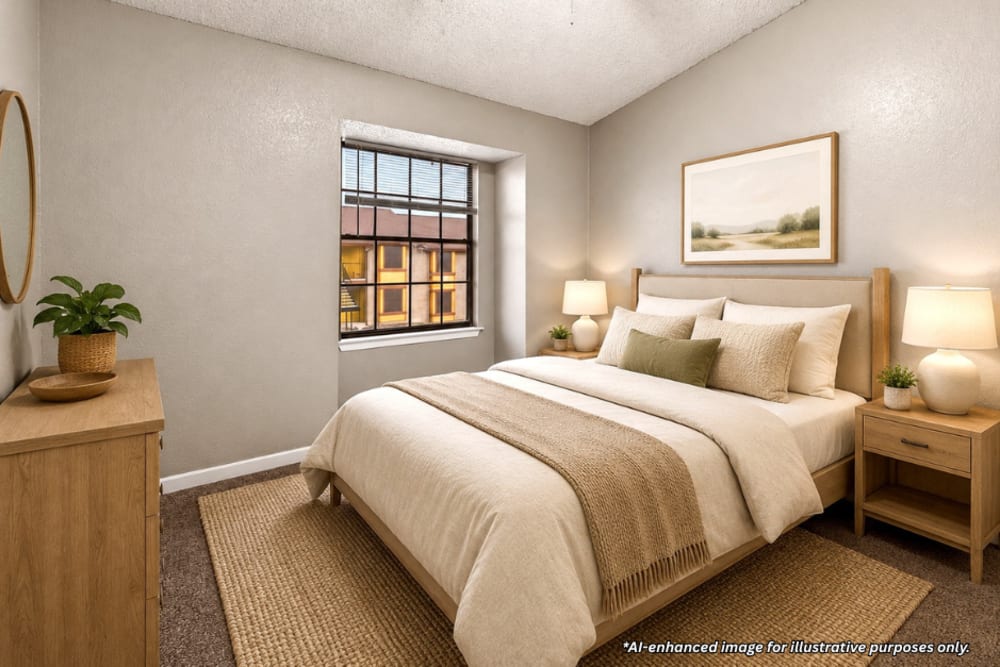 Digitally staged cozy bedroom with carpet flooring, large window, and ceiling fan at Towne East Village Apartment Homes in Converse, Texas