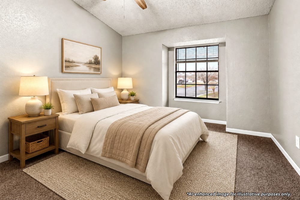 Digitally staged bedroom with carpeted flooring, ceiling fan, and large window with natural light at Towne East Village Apartment Homes in Converse, Texas