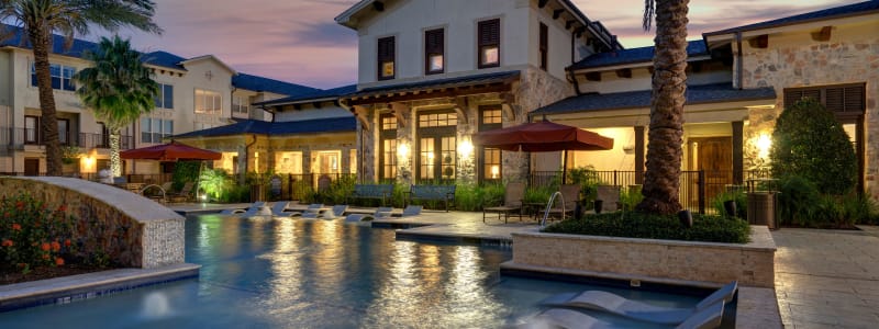 The pool at dusk at Arrabella in Houston, Texas