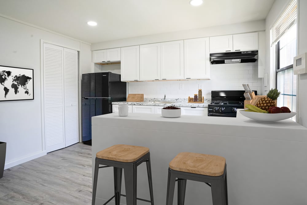 Bright kitchen featuring granite countertops, stainless steel appliances, open layout, and wood-style flooring at Dutch Village Apartments in Baltimore, Maryland