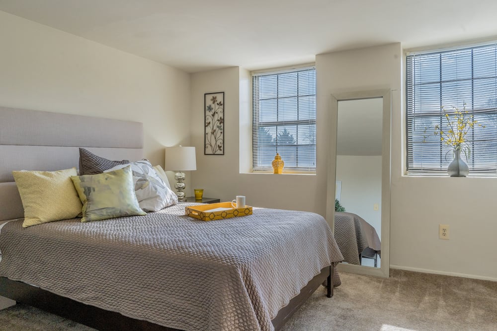Cozy bedroom with plush bedding, large windows, decorative mirror, and soft carpet flooring at Dutch Village Apartments in Baltimore, Maryland