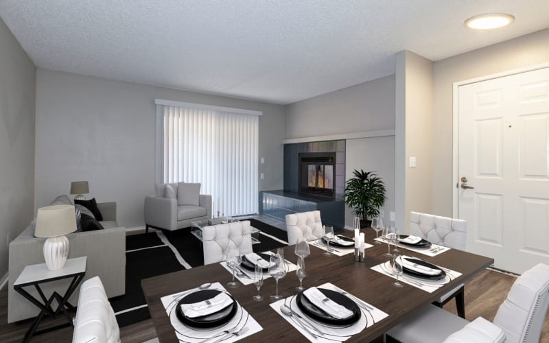 Looking from the dining room into the living room at Bennington Apartments in Fairfield, California