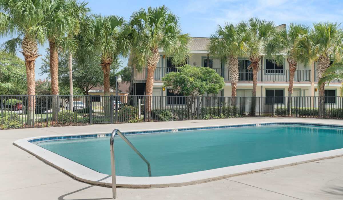 Resort-style pool surrounded by palm trees at Breeze Apartments in Gulf Breeze, Florida