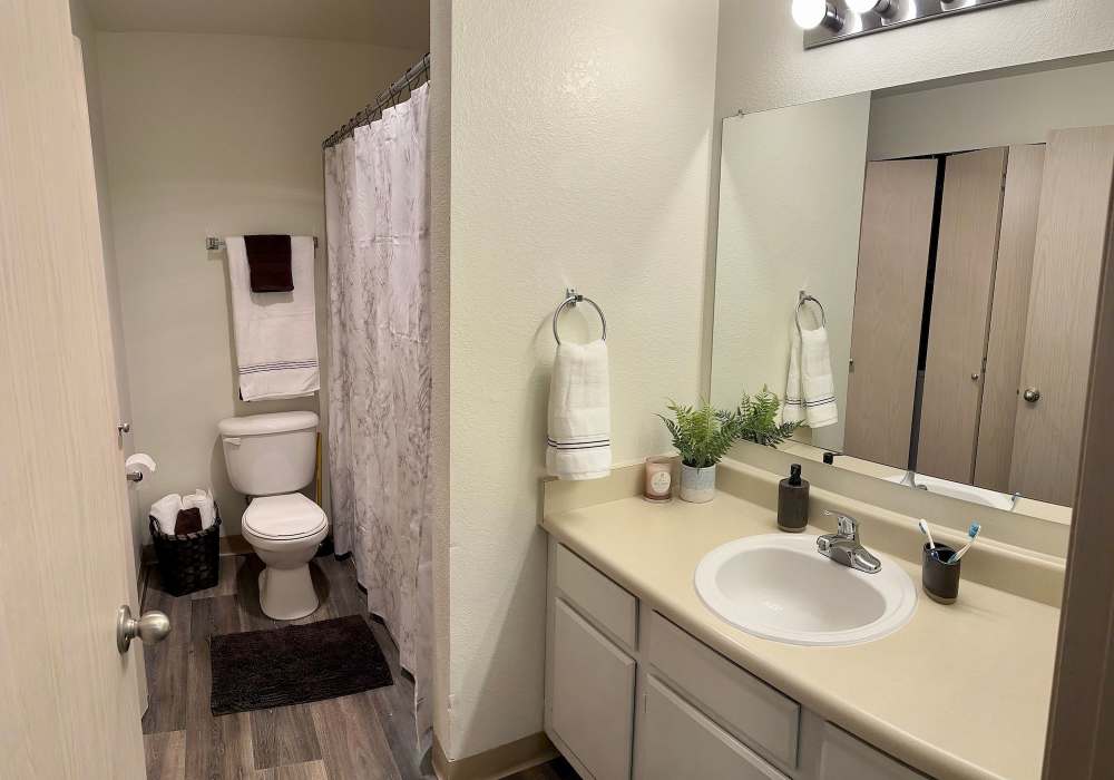Bathroom with vanity and view of shower at Foundry on Fifth in Renton, Washington