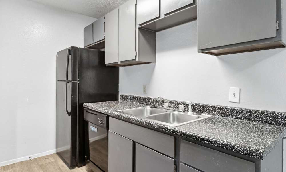 Granite countertops and black appliances at Arbors of Taylor in Taylor, Texas