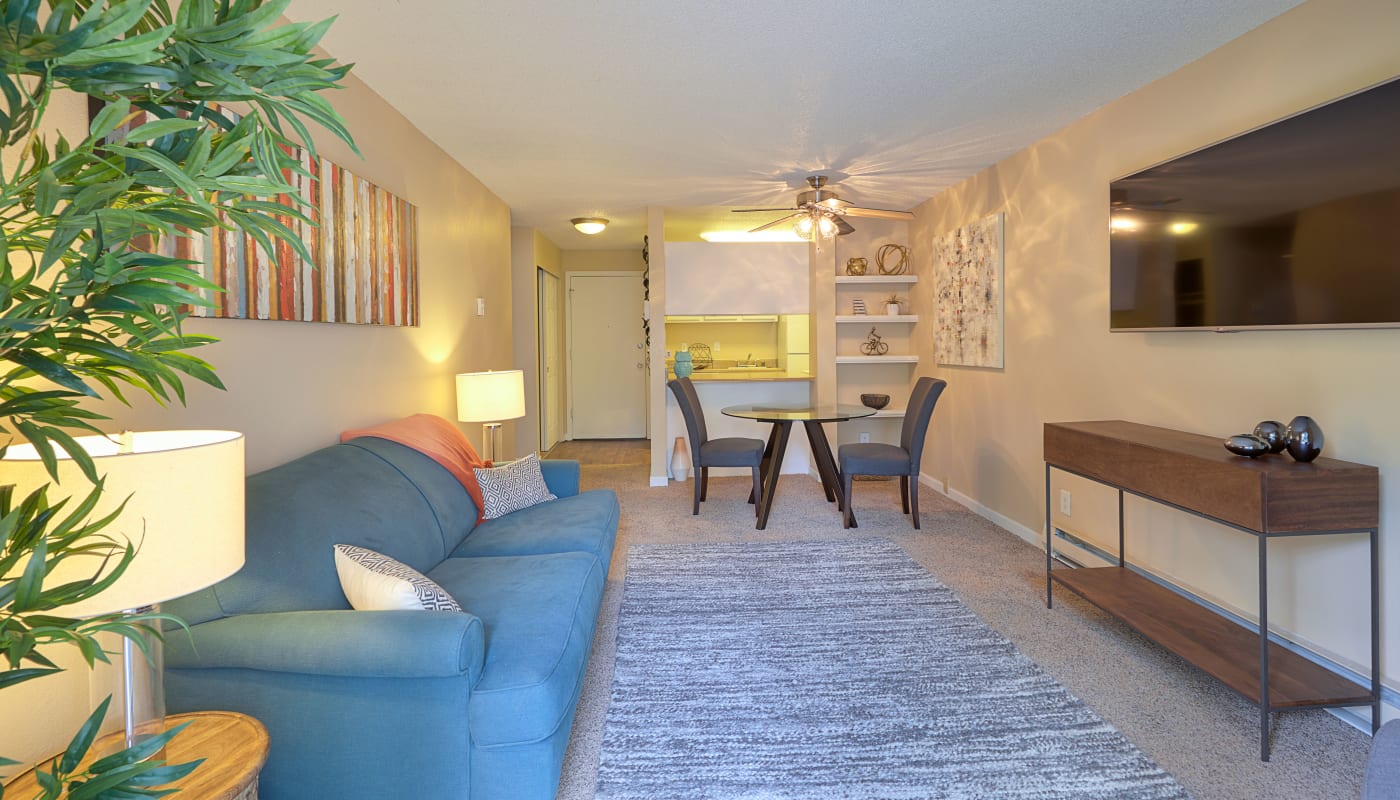 Modern living room at The Boulevard at South Station Apartment Homes in Tukwila, Washington