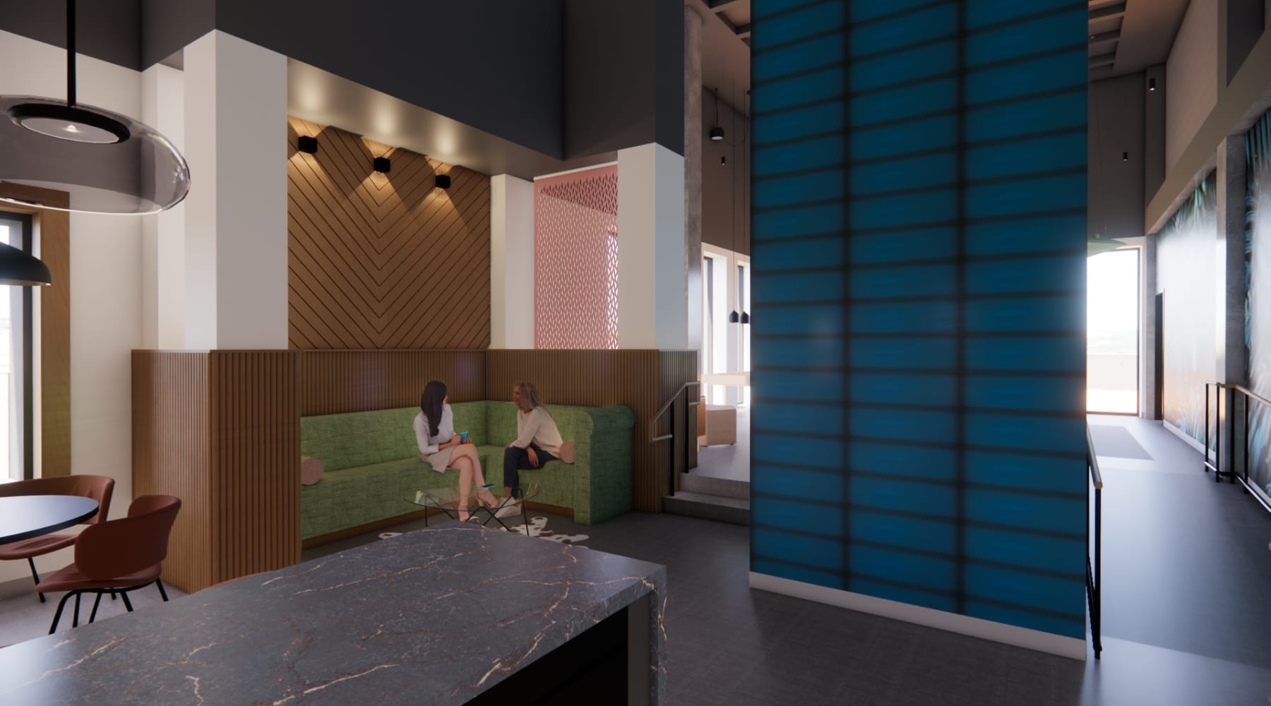 Comfortable seating area in the common space at Altitude on Main, Richmond, Virginia