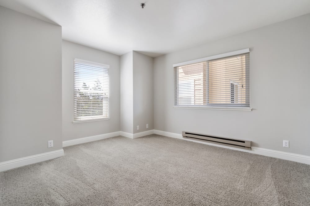 Large bedroom with plush carpeting at Quail Hill Apartments in Castro Valley, California