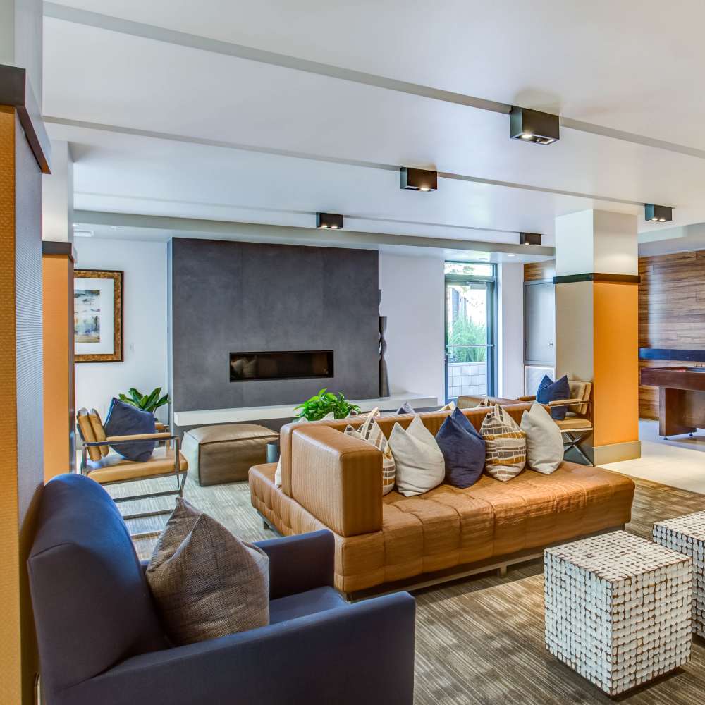 Community lounge area in the clubhouse at Franklin 299 in Redwood City, California