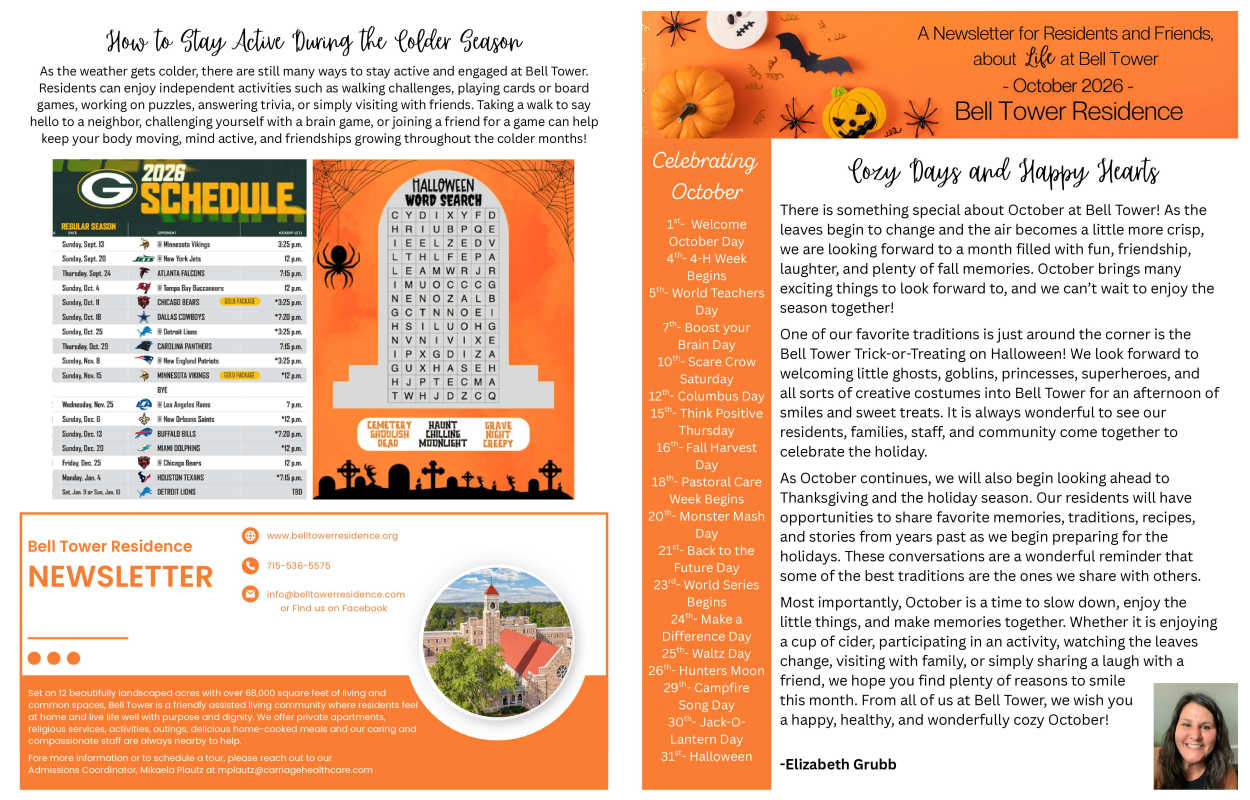 october 2026 Newsletter part 1 at Bell Tower Residence Assisted Living in Merrill, Wisconsin