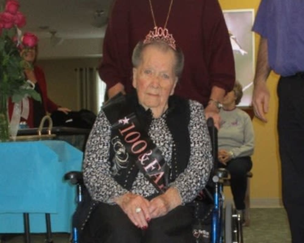 Resident Jane celebrates her 100th birthday at his dare to dream event from Milestone Senior Living Tomahawk in Tomahawk, Wisconsin.