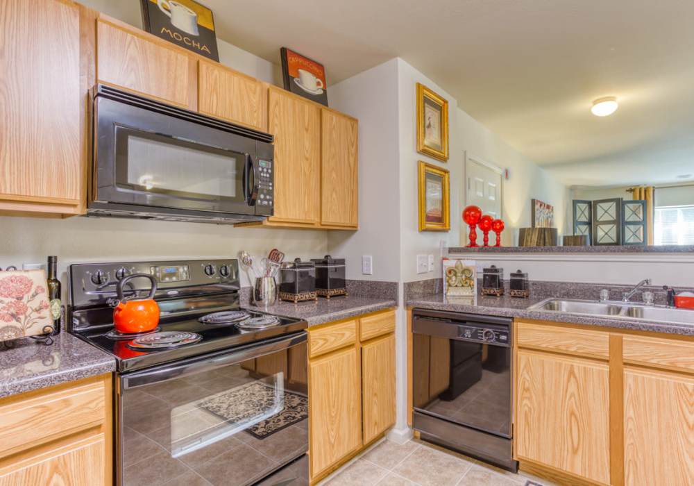 Stainless steel oven and dishwasher, sink, and granite countertops at Battleground North in Greensboro, North Carolina