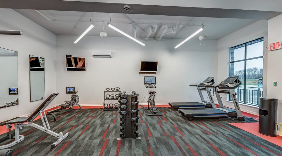 Modern gym at University Lofts at Greensborough Village, Jonesboro, Arkansas