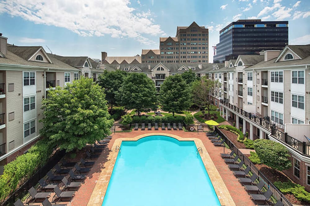 Aerial view of the community pool with the skyline in the distance at Sofi Parc Grove in Stamford, Connecticut
