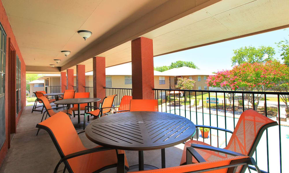 Covered outdoor seating at The Granite at Tuscany Hills in San Antonio, Texas