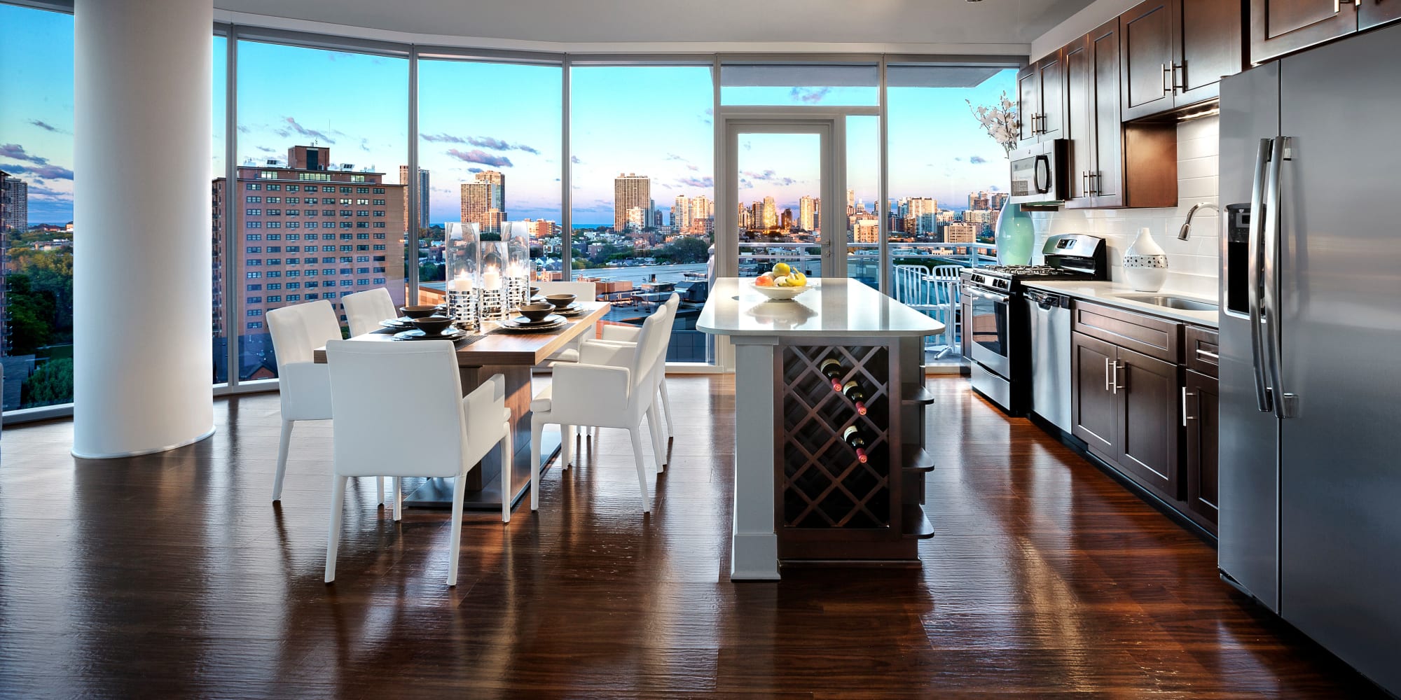 Beautiful modern apartment with a city view at The Residences at NEWCITY in Chicago, Illinois