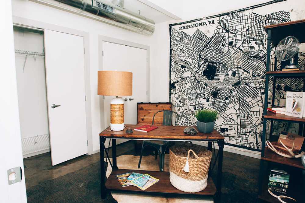 Chic workspace with modern decor and storage at Courtyard Lofts at Scott’s Addition in Richmond, Virginia