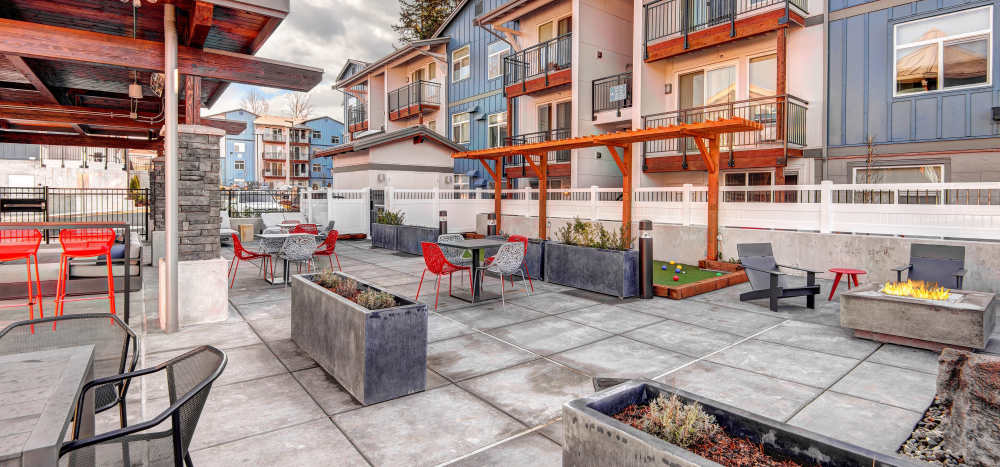 Outdoor fire-pit with seating at Allegro in Lynnwood, Washington 