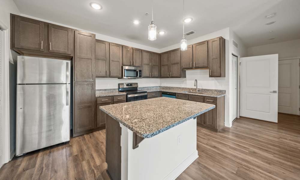 Island kitchen with stainless-steel appliances at The Park at Massalina in Panama City, Florida