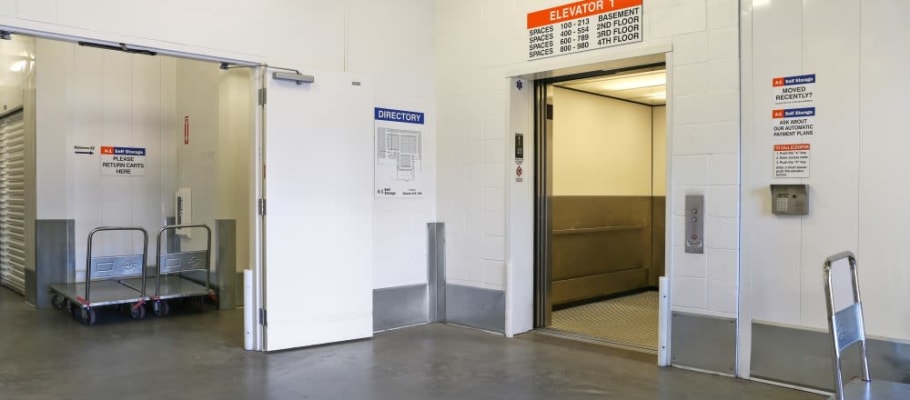 Freight elevator and moving carts at A-1 Self Storage