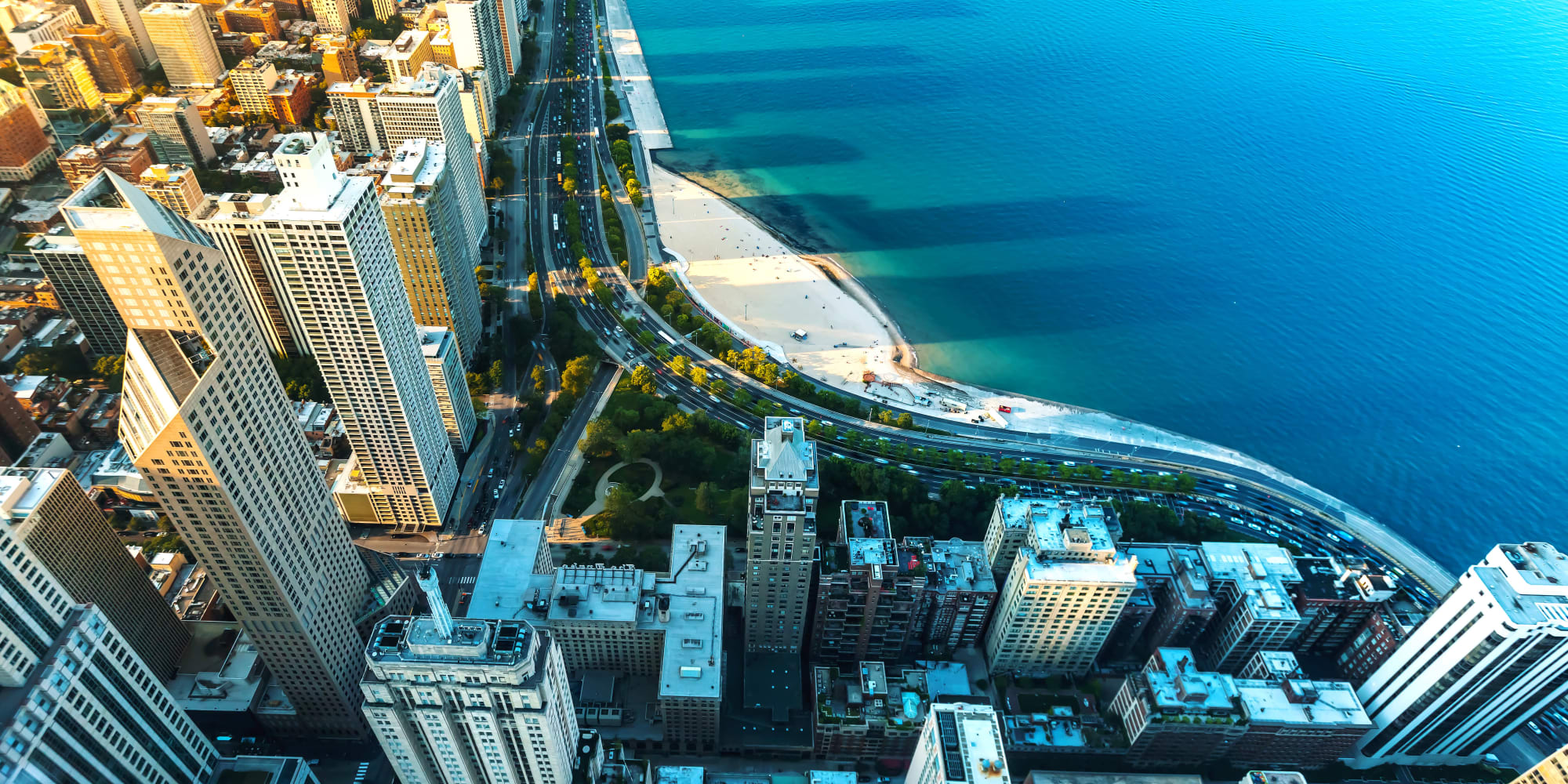 Aerial view of the city neighborhood near The Residences at NEWCITY in Chicago, Illinois