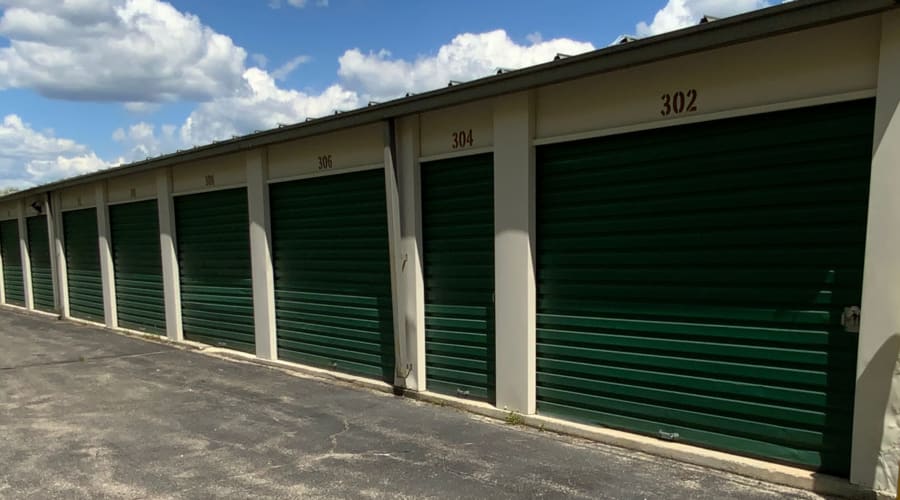 Storage units with blue doors and locks at KO Storage in Windham, Maine