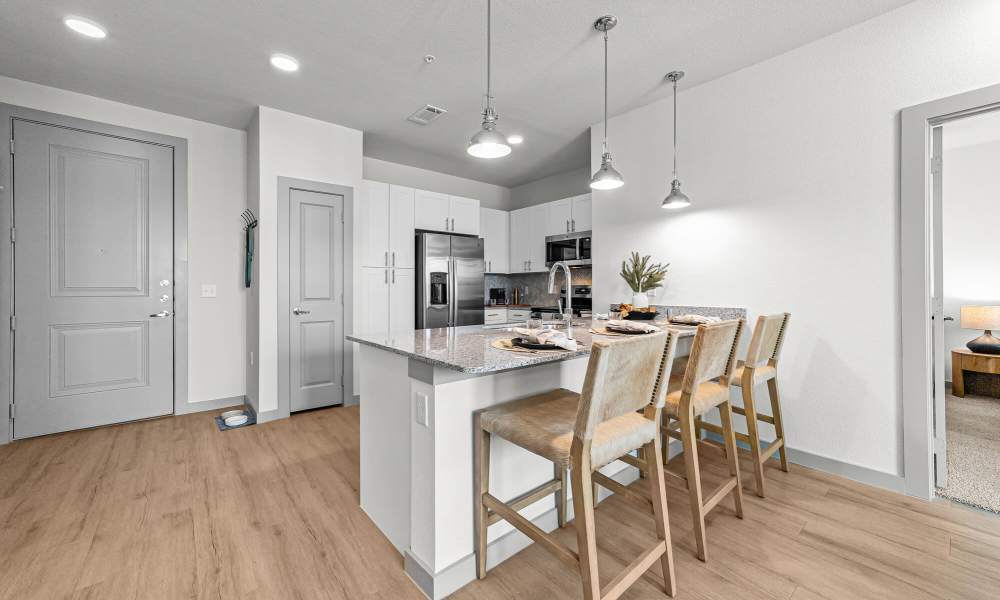 Kitchen with a breakfast counter at Main and Mill in Lewisville,Texas