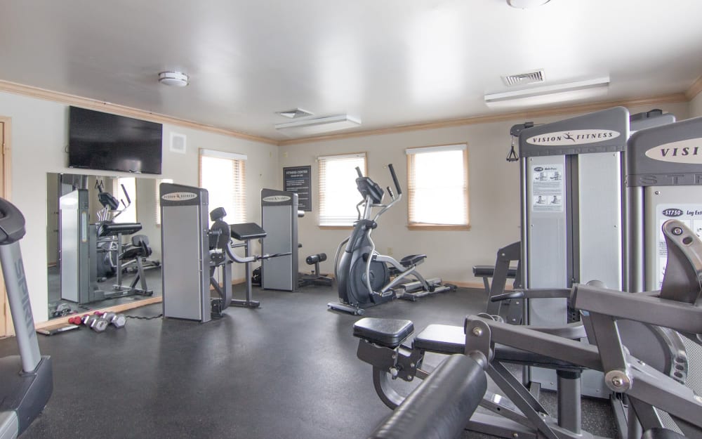 Well-equipped fitness center with cardio equipment at Hidden Lakes Apartment Homes in Miamisburg, Ohio